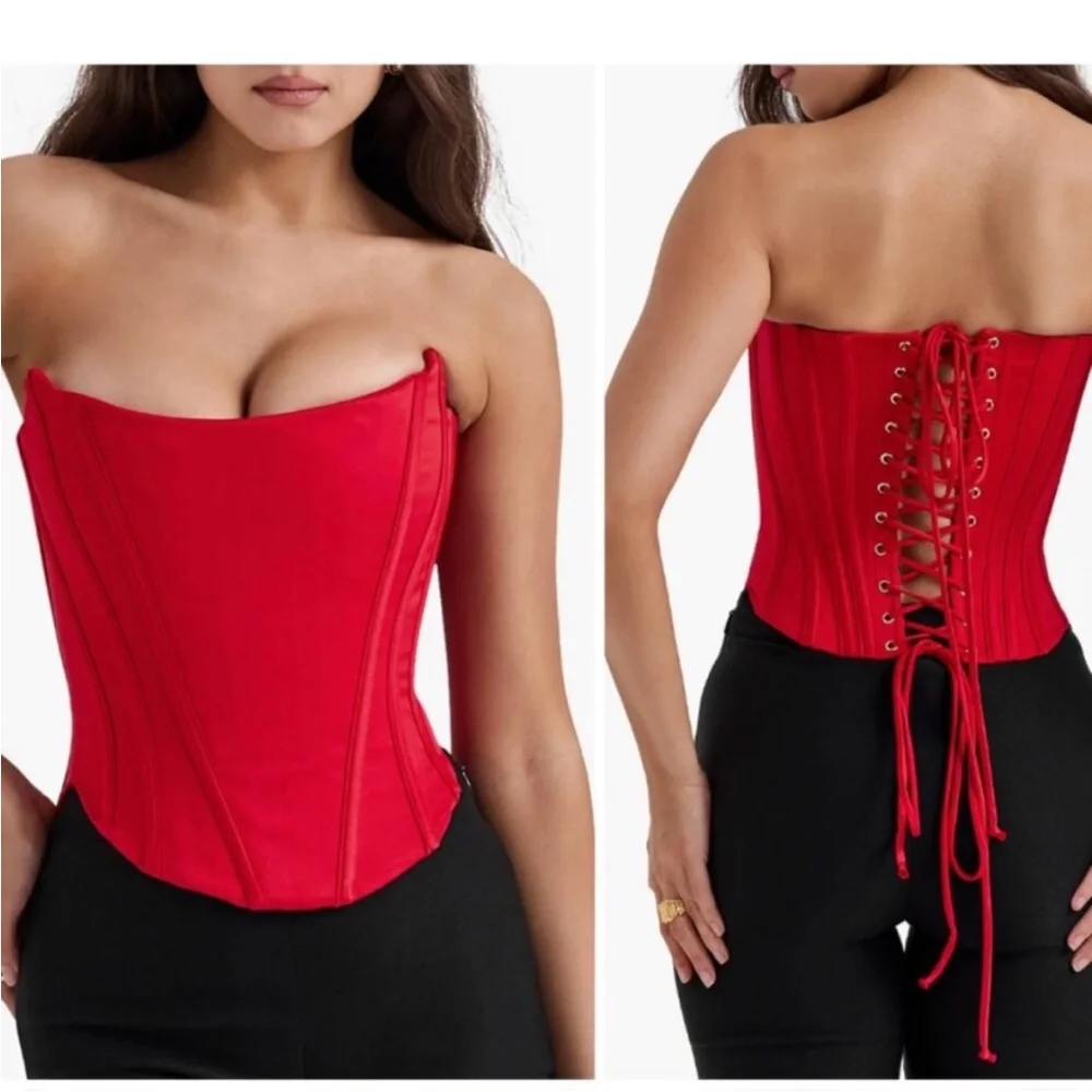 House Of CB 'Genevieve' Scarlet Satin Lace Back Corset XS NWOT‎
